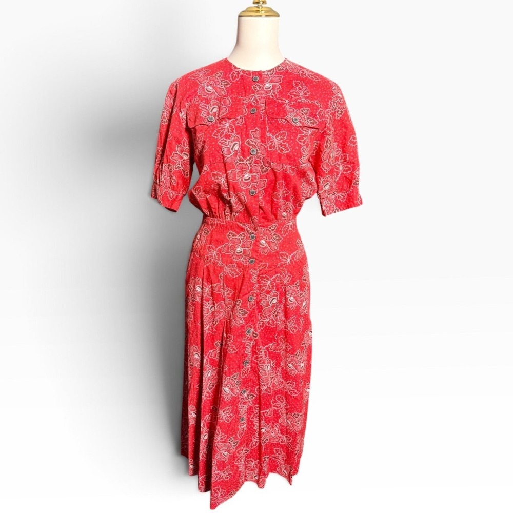 Vintage 80s Liz Claiborne Red Paisley Cotton Button Front Midi Dress Size 4 Sm